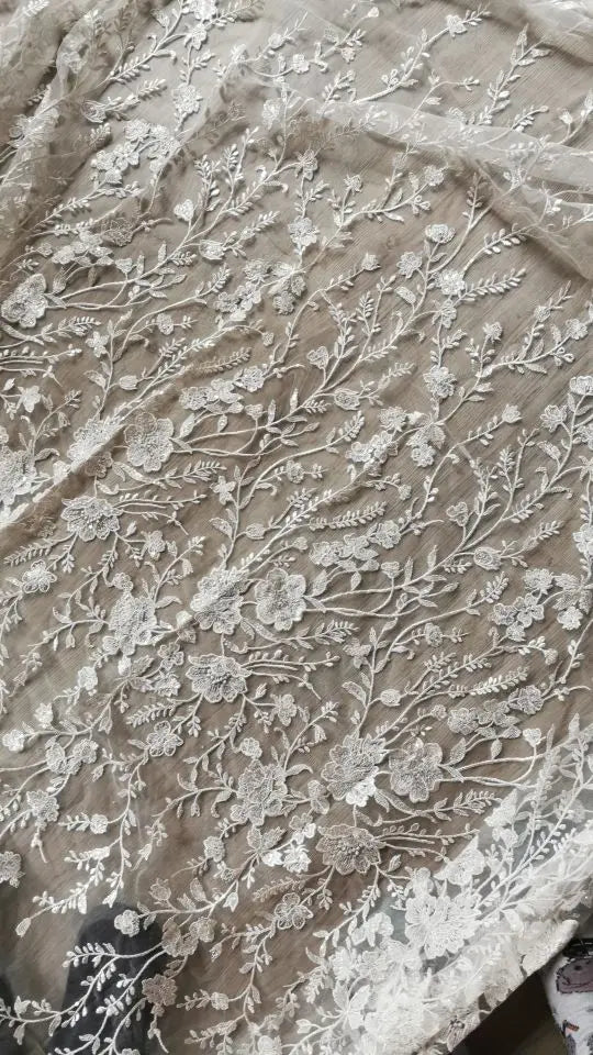 Snow White, Ivory Sequined Tulle Lace Fabric for