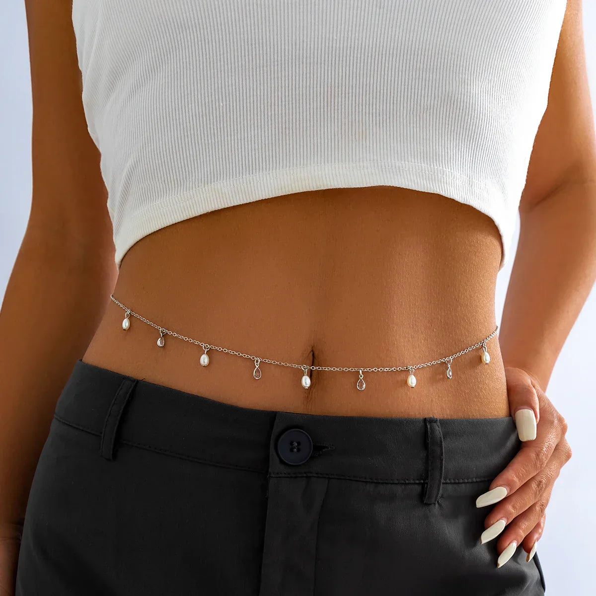 Small Imitation Pearl and Crystal Pendants Waist Chain