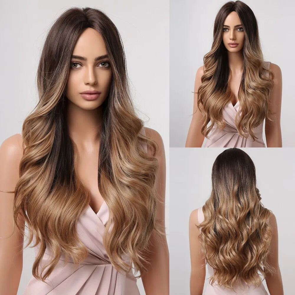 HAIRCUBE Long Brown Curly Wavy Wig for Women