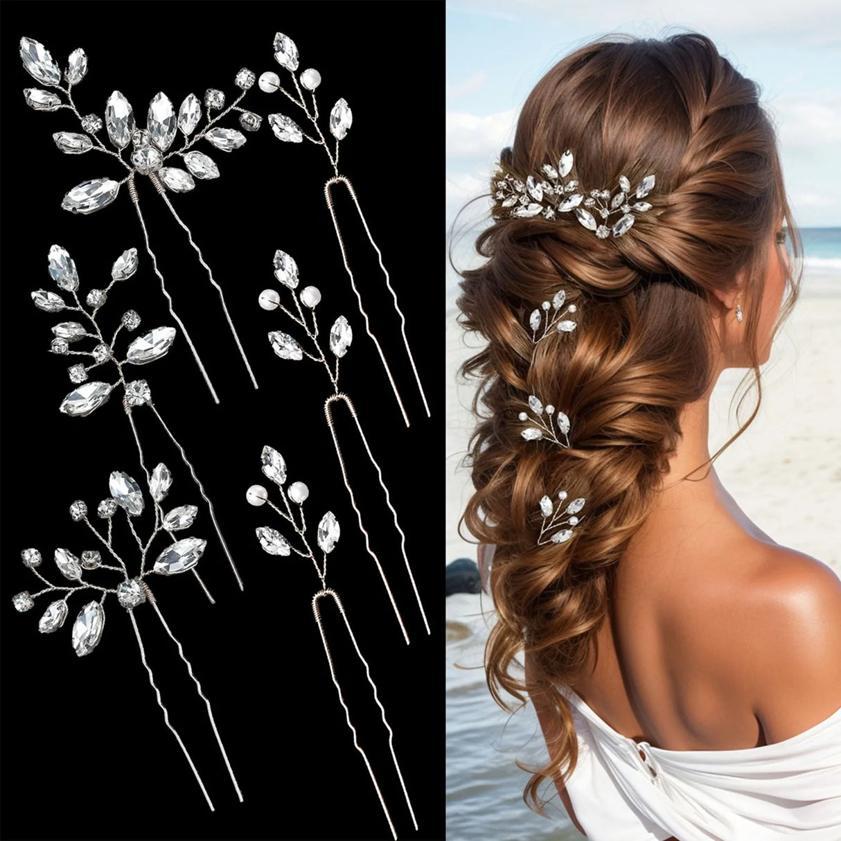 Pearl Flower Hairpin Side Comb Golden Leaf Shaped