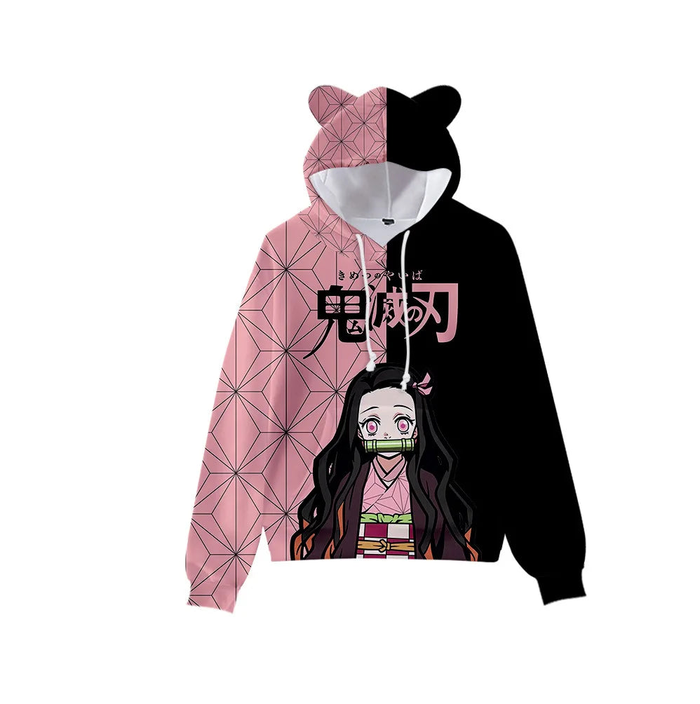 Anime Demon Slayer Hoodies Women Cat Ears Cartoon