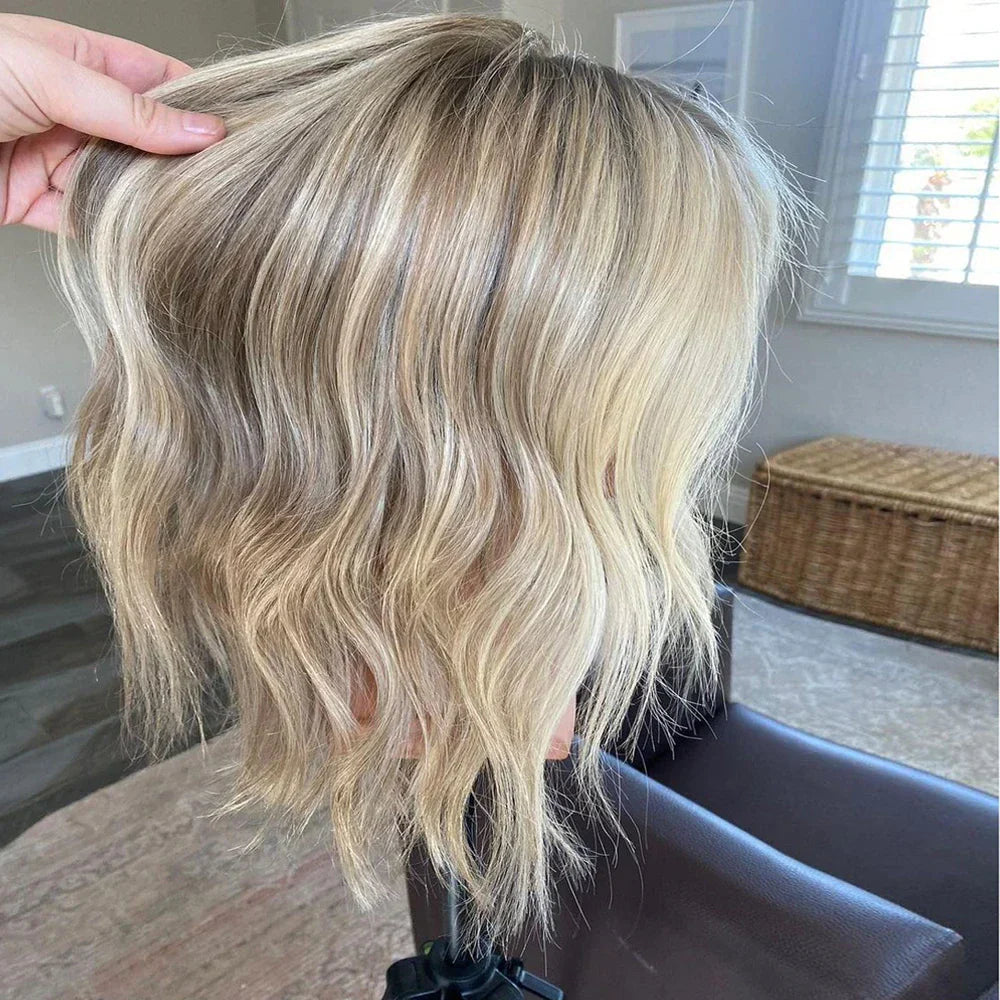 Ashy Blonde Balayage Natural Wave Wig with Roots