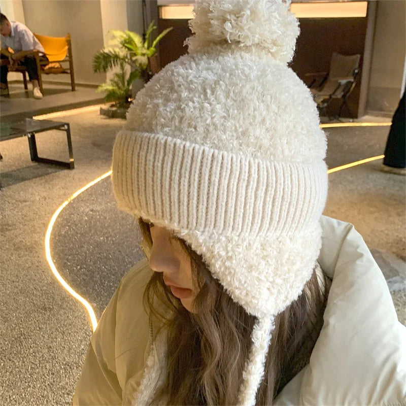 Women Pompom Ear Warmer Bonnet Fleece-lined Ear Protection