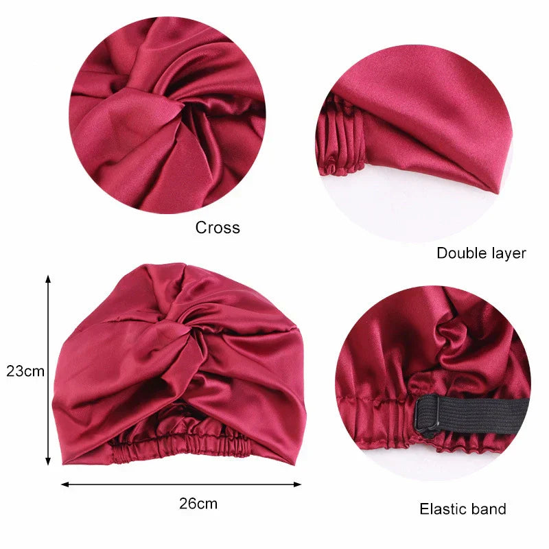 New Women Satin Sleep Night Cap Adjustable Double