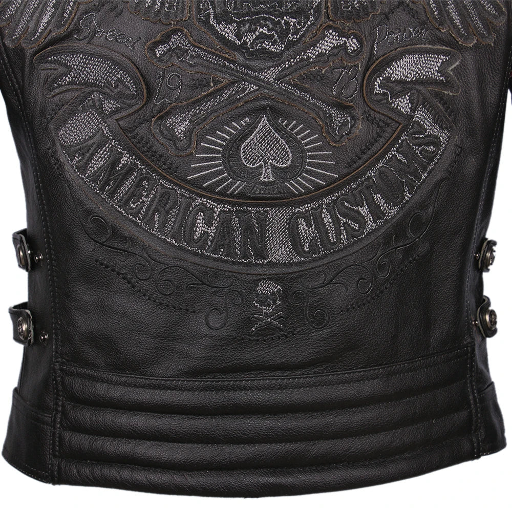 Black Embroidery Skull Motorcycle Leather Jackets 100% Natural