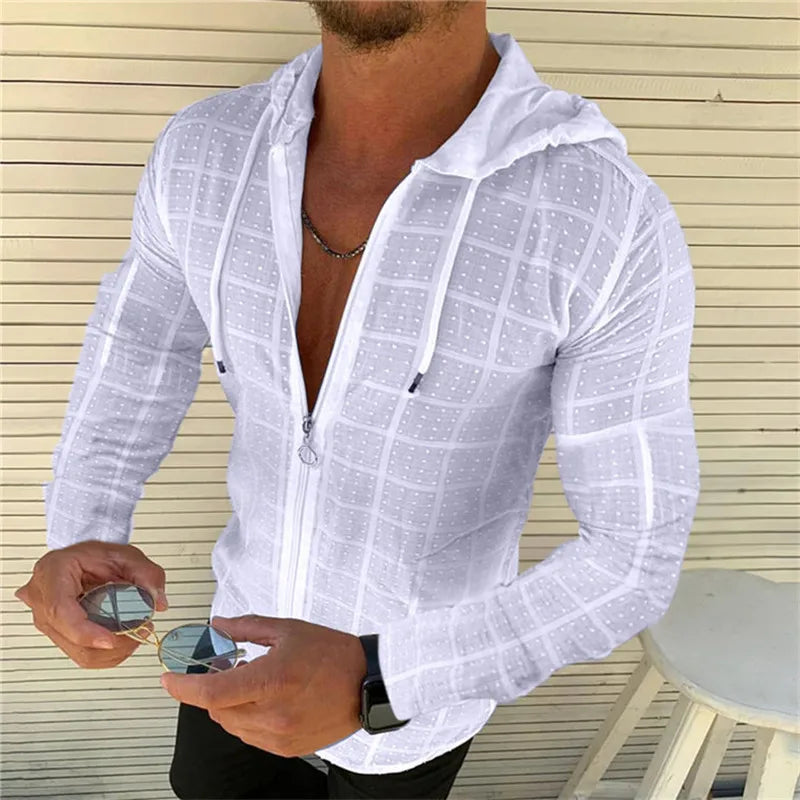 Fashionable new men's zippered hooded white plaid T-shirt