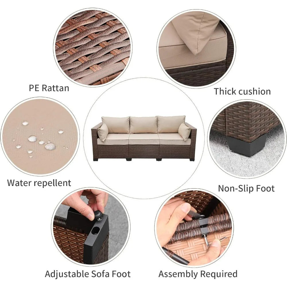Outdoor Sofa with Non-Slip Beige Cushion, Patio Couch