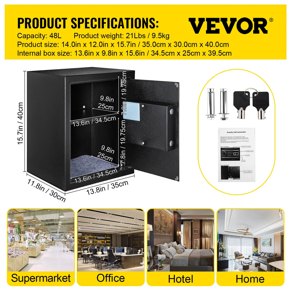 VEVOR Fingerprint Locks Safe Deposit Box 0.8/1.7/2.1 Cubic