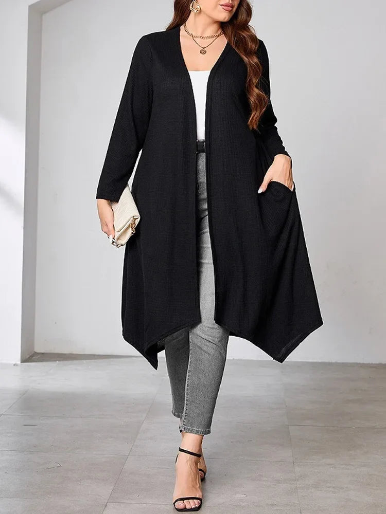 GIBSIE Plus Size Black Casual Long Cardigan Women