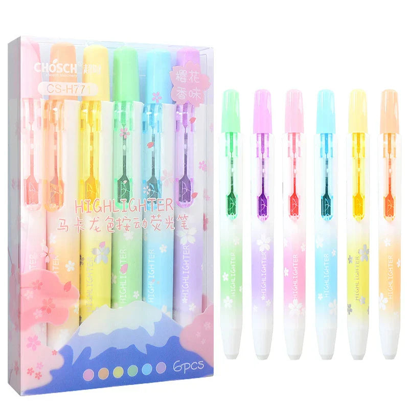6Pcs/set Kawaii Retractable Highlighters Macaron Pastel Highlighter Pen