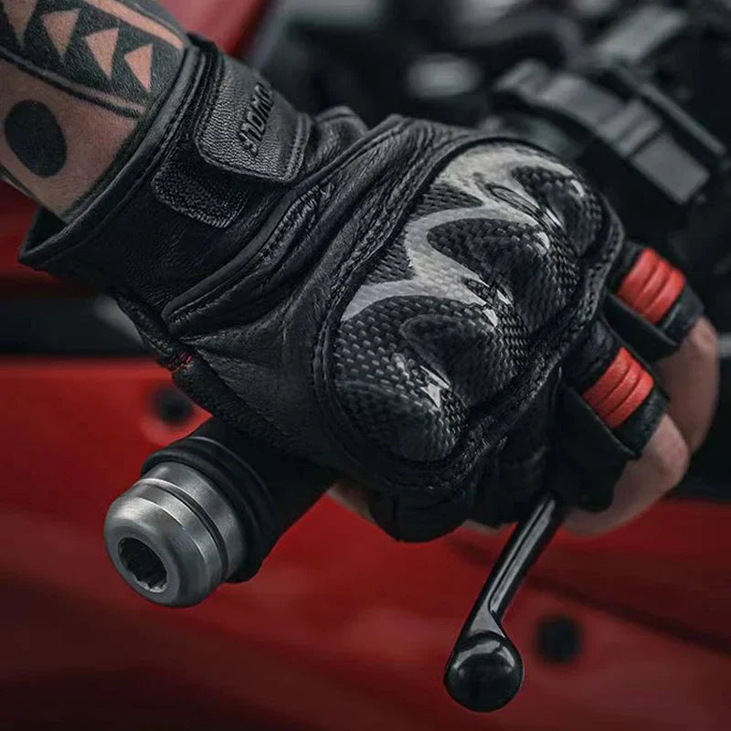 Half Finger Leather Motorcycle Gloves Hard Knuckle Carbon Fibre Protector Riding MTB Racing Riding Leather Gloves for Men Women