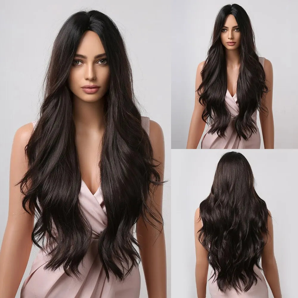 HAIRCUBE Long Brown Curly Wavy Wig for Women