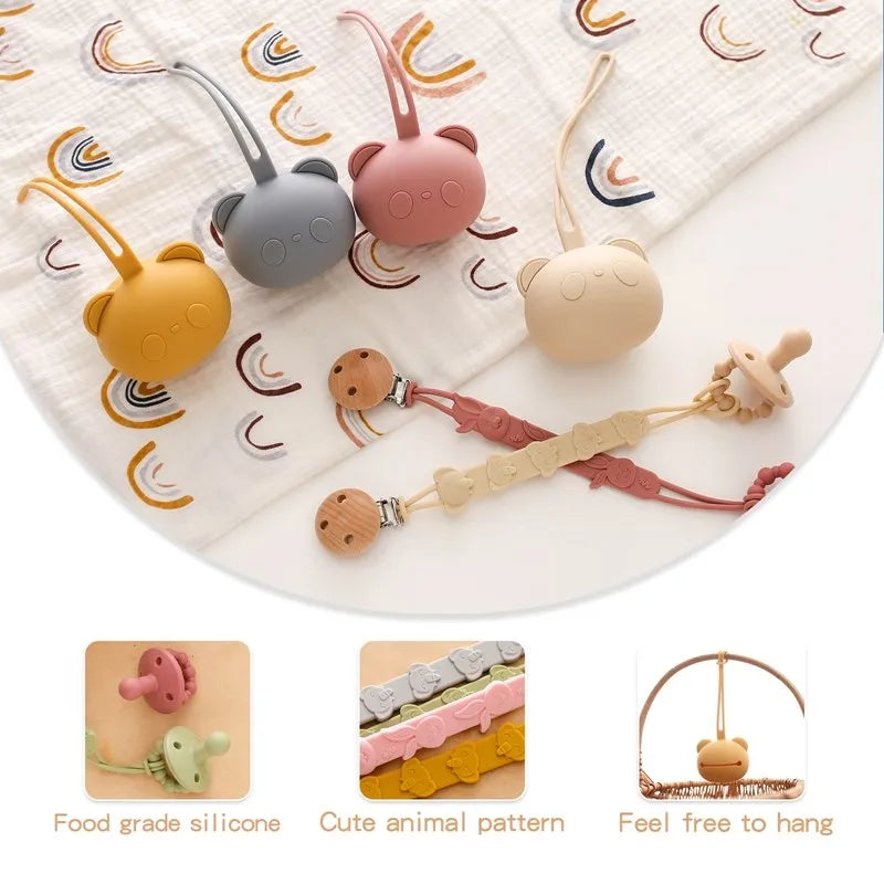 Baby Silicone Pacifier Holder Set BPA Free Food Grade Silicone Infant Travel Portable Storage Box Silicone Chain Nipple Set
