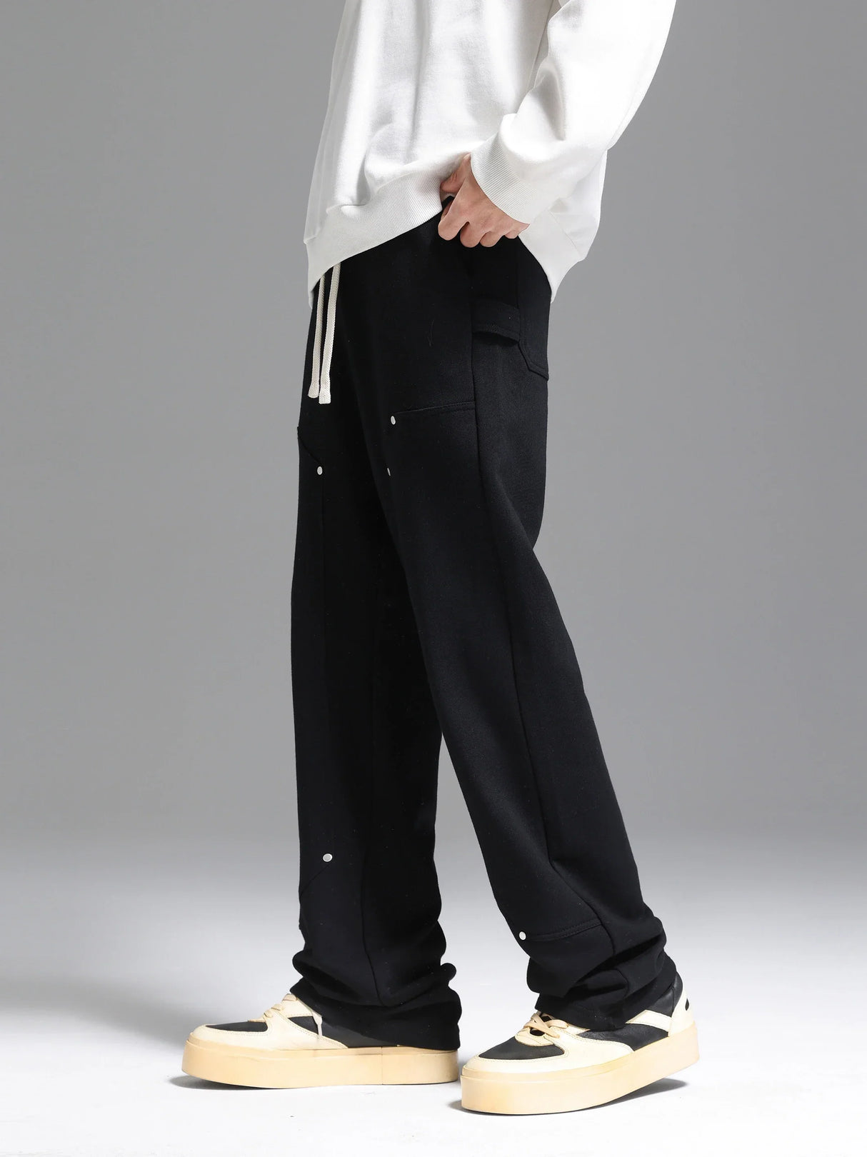 Side Strap button-down Logging Sweatpants Straight Leg Loose