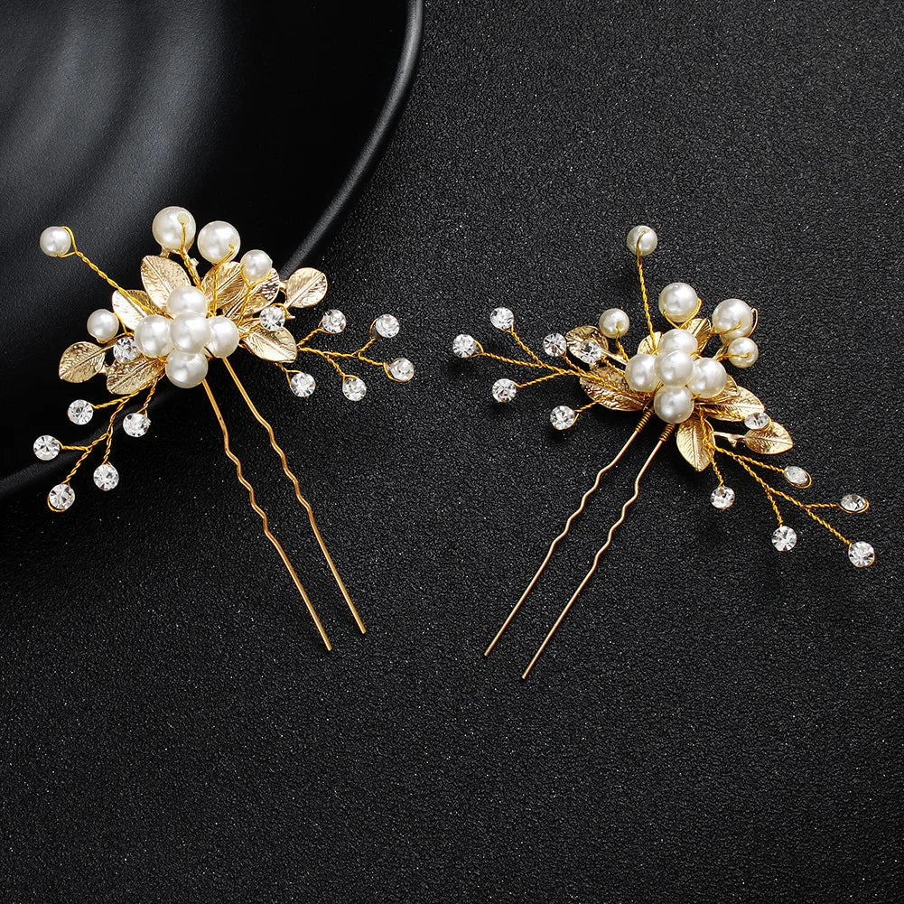 Pearl Flower Hairpin Side Comb Golden Leaf Shaped