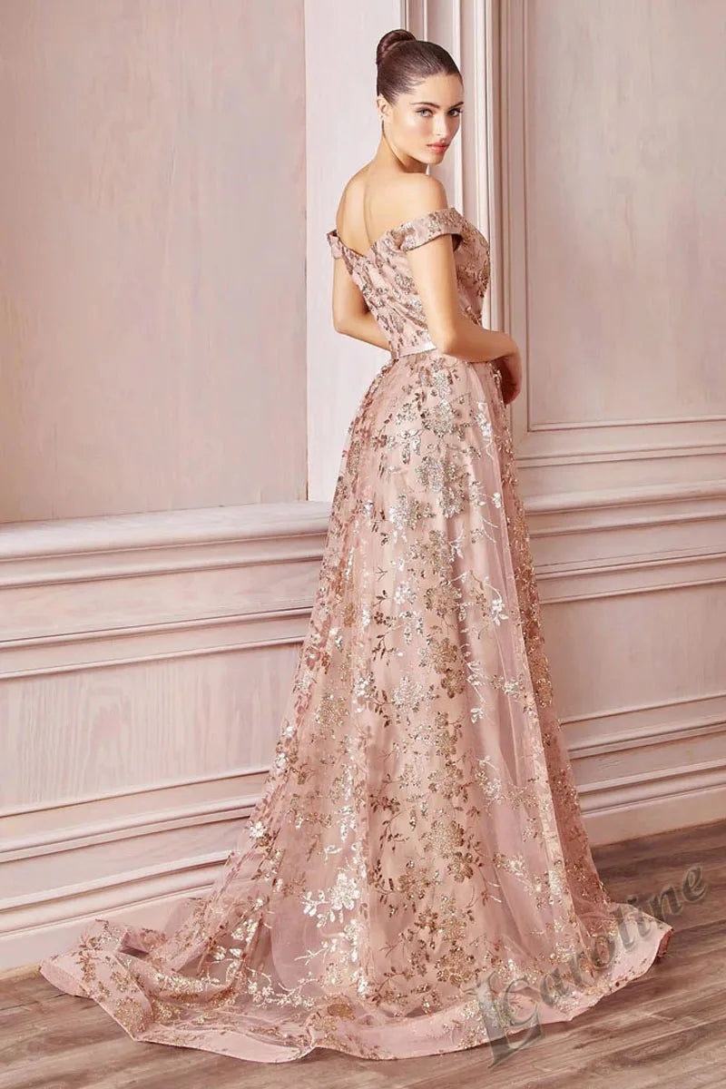 Caroline Elegant Off Shoulder Evening Dress Vneck Glitter