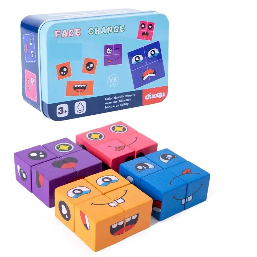 Wooden Face Changing Cube Toys Building Blocks Cartoon