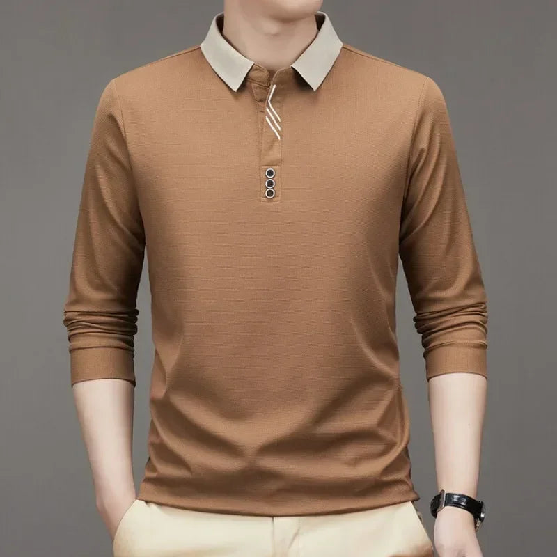 Men's Long Sleeve Turn-down Collar Waffle T-shirt Business
