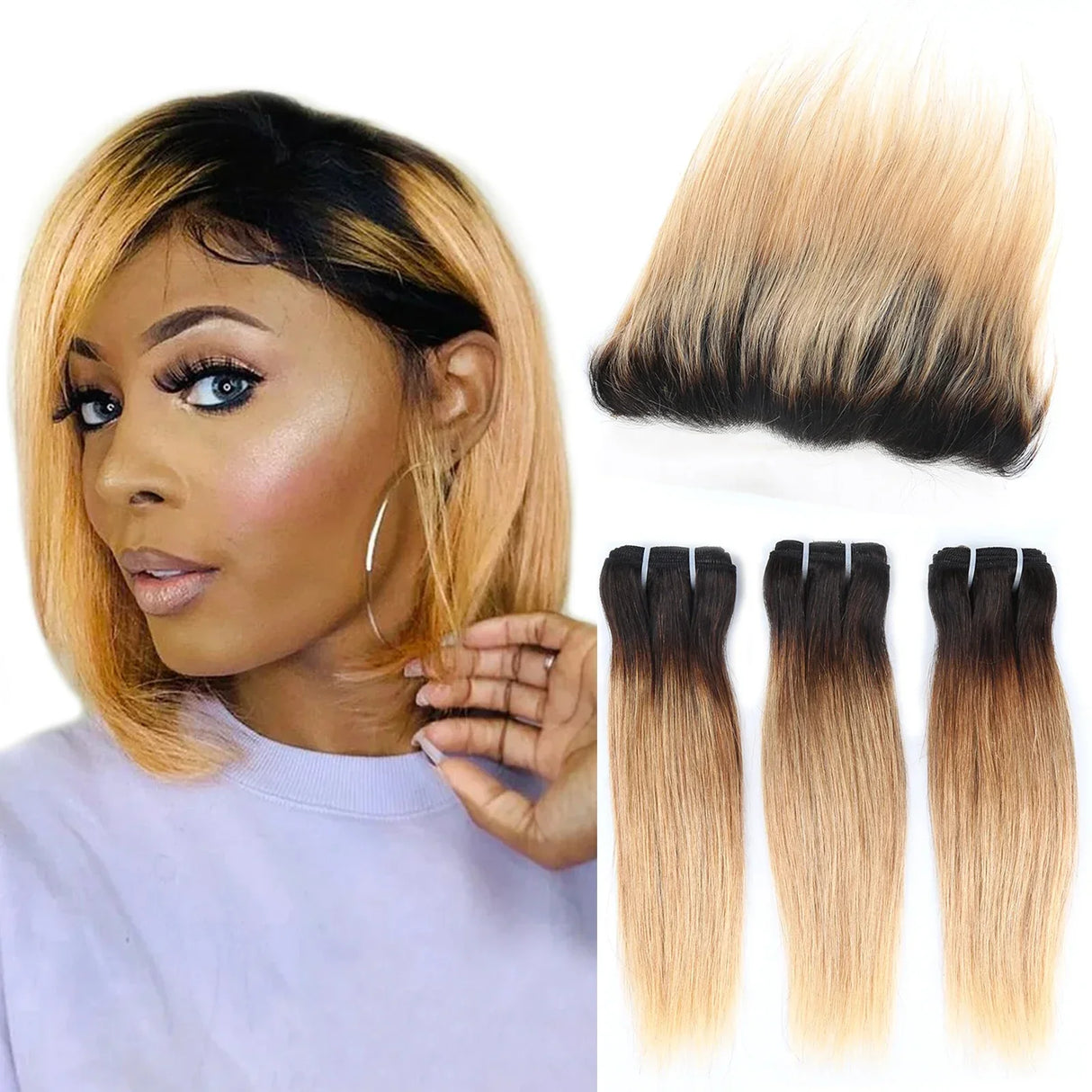 Ombre Burgundy Red Brazilian Straight Bundles with Frontal