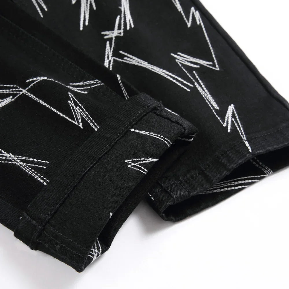 Men Embroidery Black Denim Jeans Streetwear Punk Slim