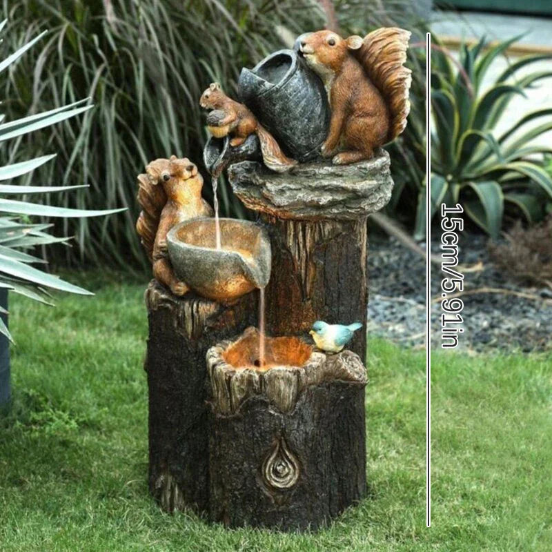 Duck Squirrel Solar Power Resin Patio Fountain Garden