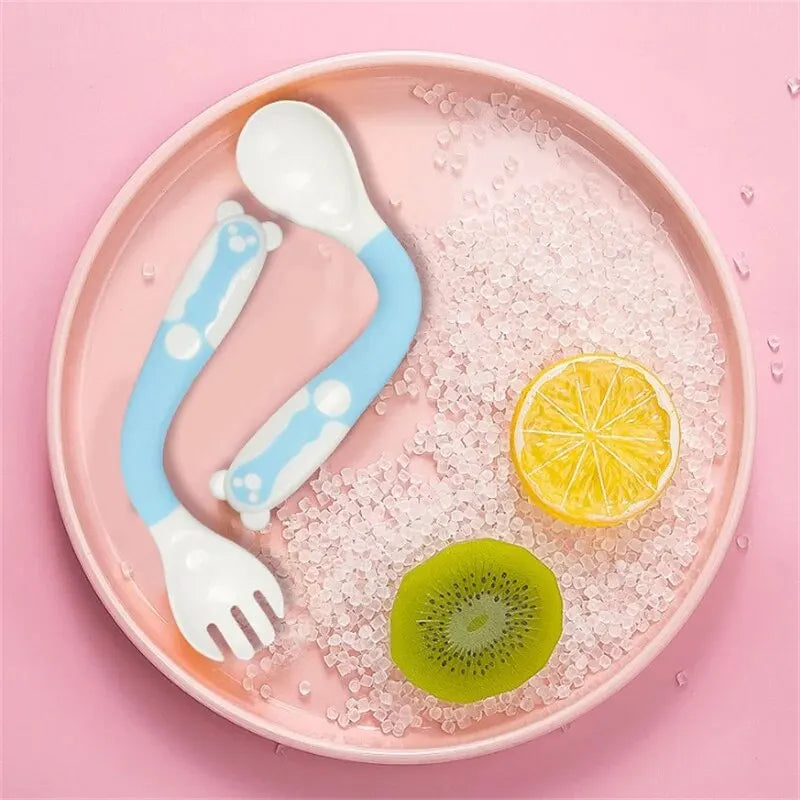 2Pcs/Set Baby Children Spoon Fork Set Soft Bendable