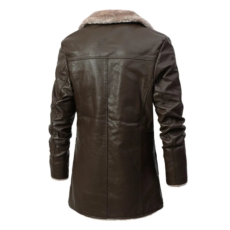 Men Winter Long Thick Fleece PU Leather Jacket