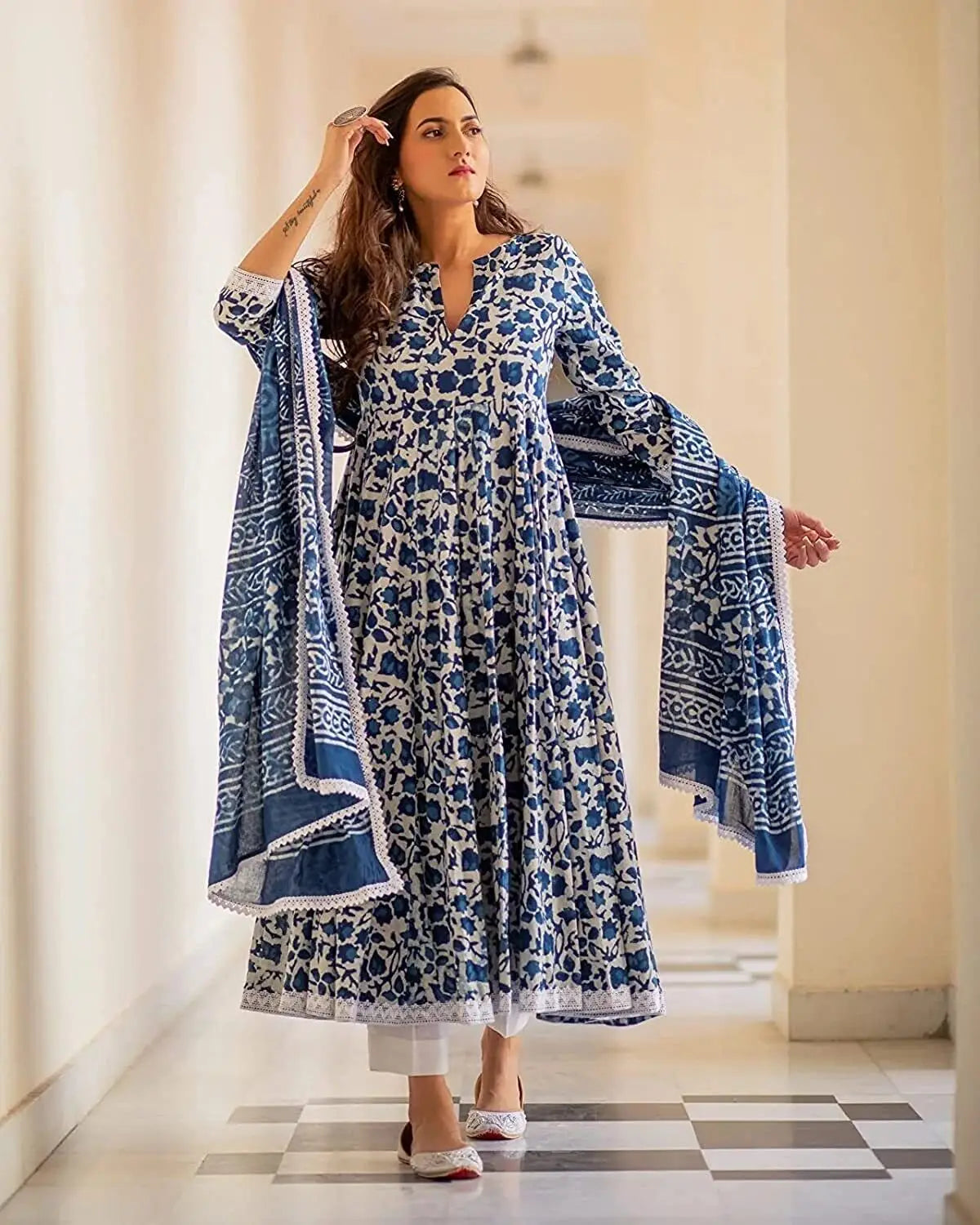 Women Cotton Printed Anarkali Kurta with Palazzo Dupatta