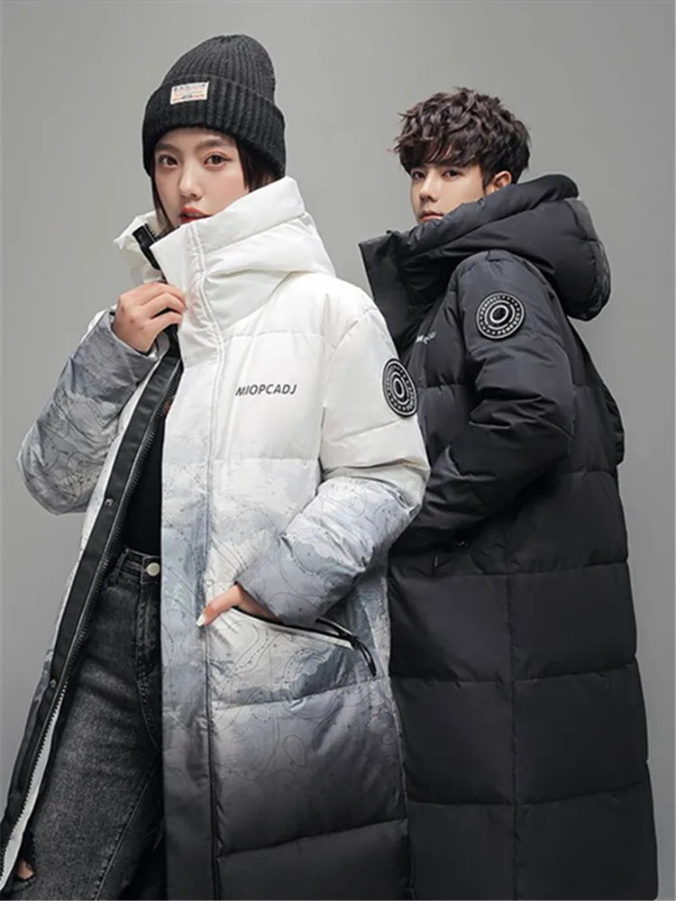 Winter X-long Cotton-padded Jacket Couple Gradient Hooded Puffer