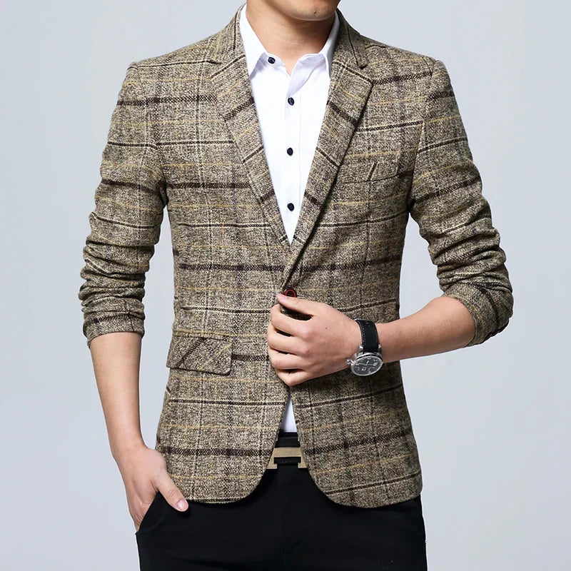 Men Checked Suit Jacket 2023 Spring New Linen