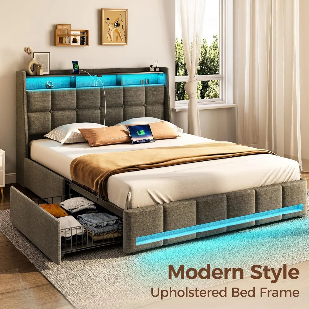 Full Size Bed Frame with LED Lights and
