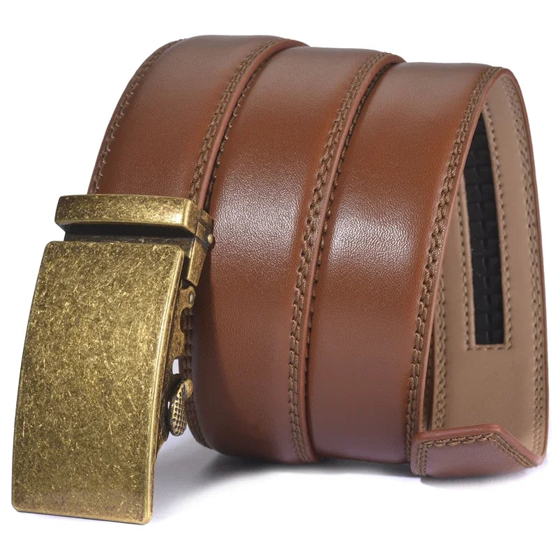 Plyesxale Brown Leather Belt Men 2024 Automatic Buckle