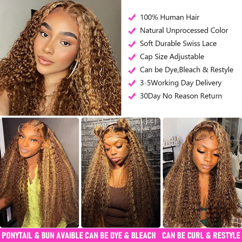 30 Inch Highlight Honey Brown Curly Lace Front