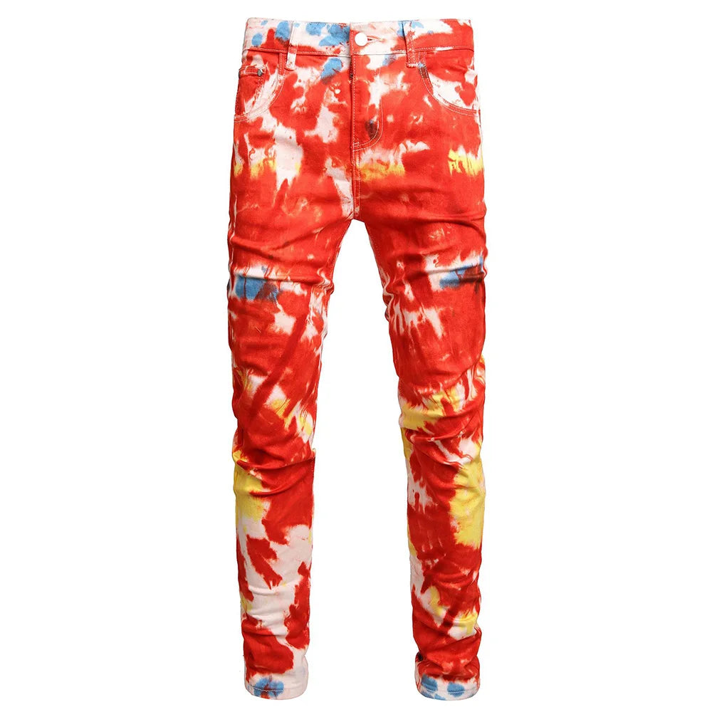 Men Tie Dye Stretch Denim Jeans Fashion Y2K