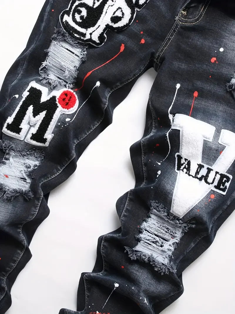 Men Stretchy Ripped Skinny Biker Embroidery Cartoon Print