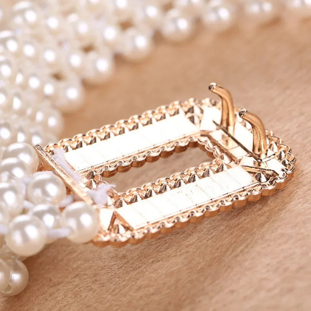 Elegant Women Pearl Waist Belt Elastic Buckle Pearl