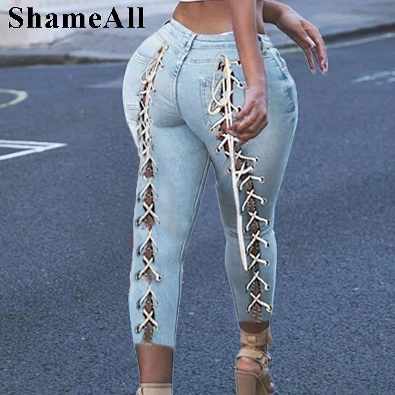 Plus Size Sexy White Blue Hollow Out Denim