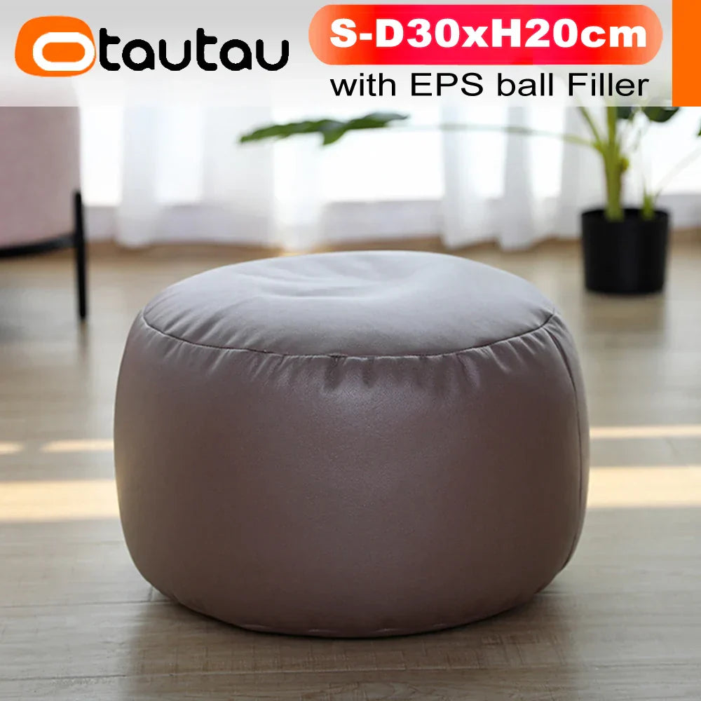 OTAUTAU Small Round Faux Leather Ottoman Stool Beanbag