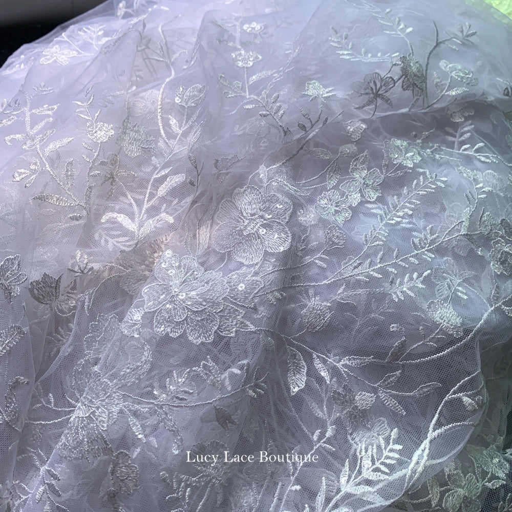 Snow White, Ivory Sequined Tulle Lace Fabric for