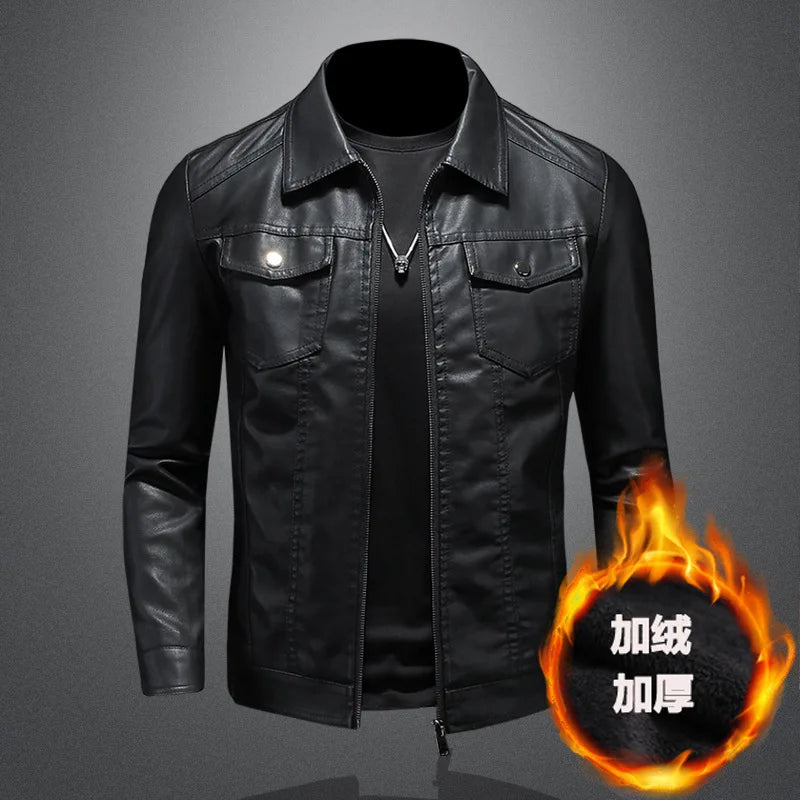 Men's Motorcycle Leather Jacket Large Size Pocket Black