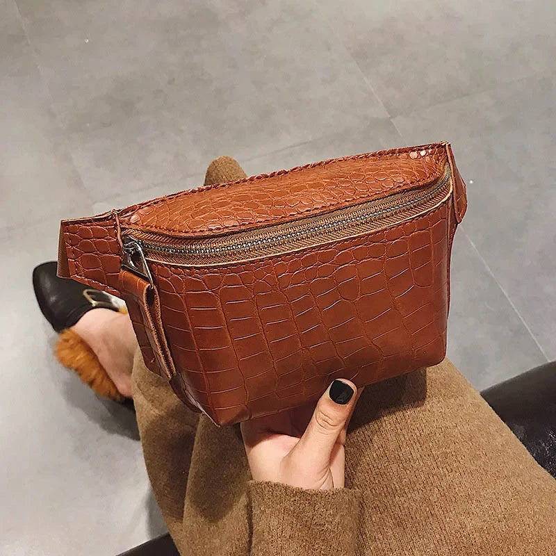 Women's Waist Bag Leather Fanny Pack Zipper Crocodile