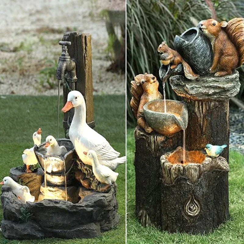Duck Squirrel Solar Power Resin Patio Fountain Garden