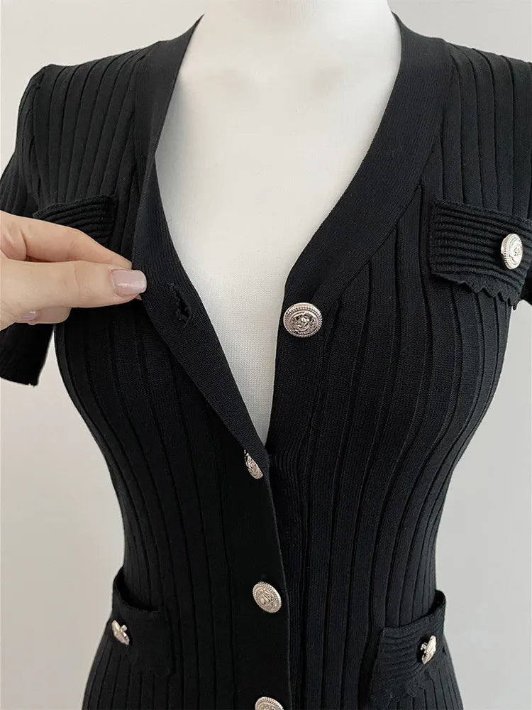 Summer Midi Dress Women Knitted Black Bodycon Korea