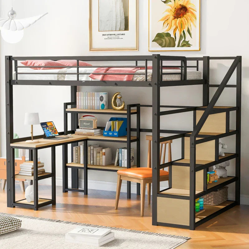 Full Size Metal Loft bed with Staircase, Built-in Desk and Shelves,Bedroom practical single bed for children, bunk bed for teen