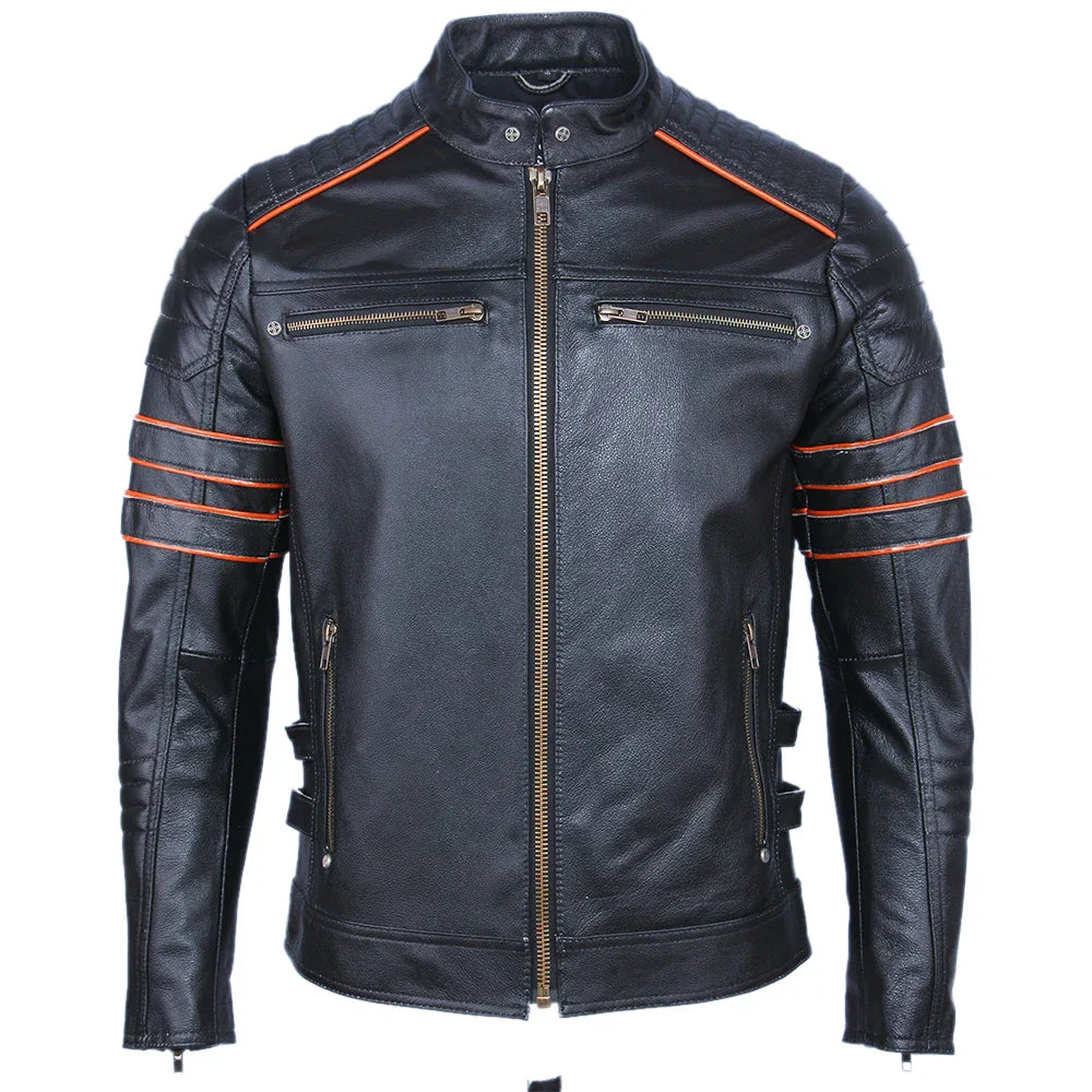 Black Embroidery Skull Motorcycle Leather Jackets 100% Natural