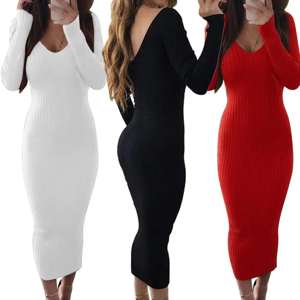 Sexy Backless Bodycon Long Sleeve Dress Slim Midi
