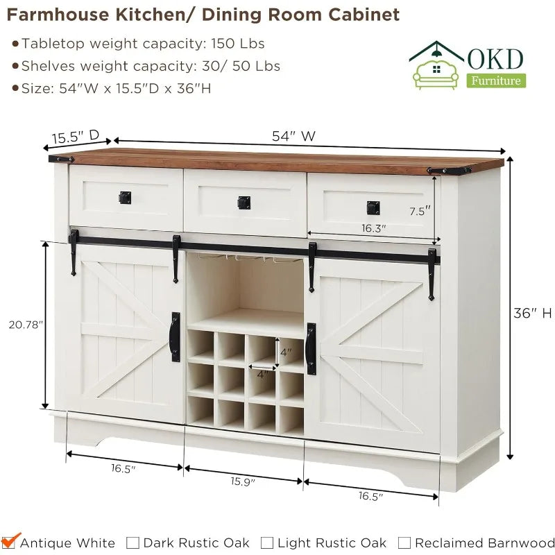 OKD Farmhouse Buffet Cabinet, 54" Coffee Wine Bar