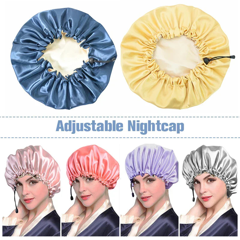 Ladies Satin Nightcap Solid Color Simple Drawstring Adjustable