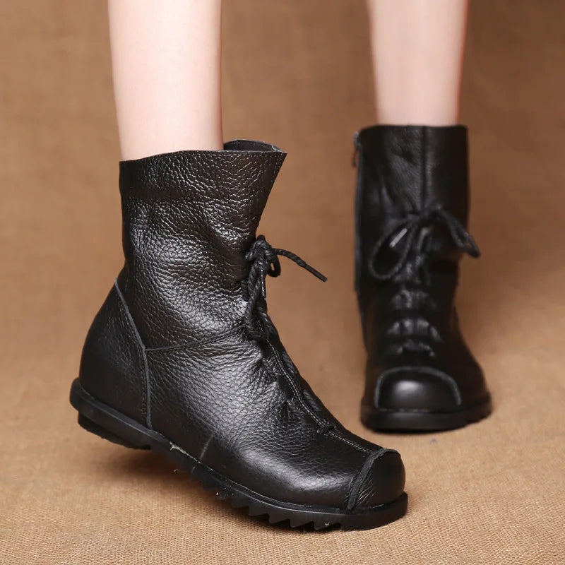 Women Shoes Retro Original Leather Short Boots Warm