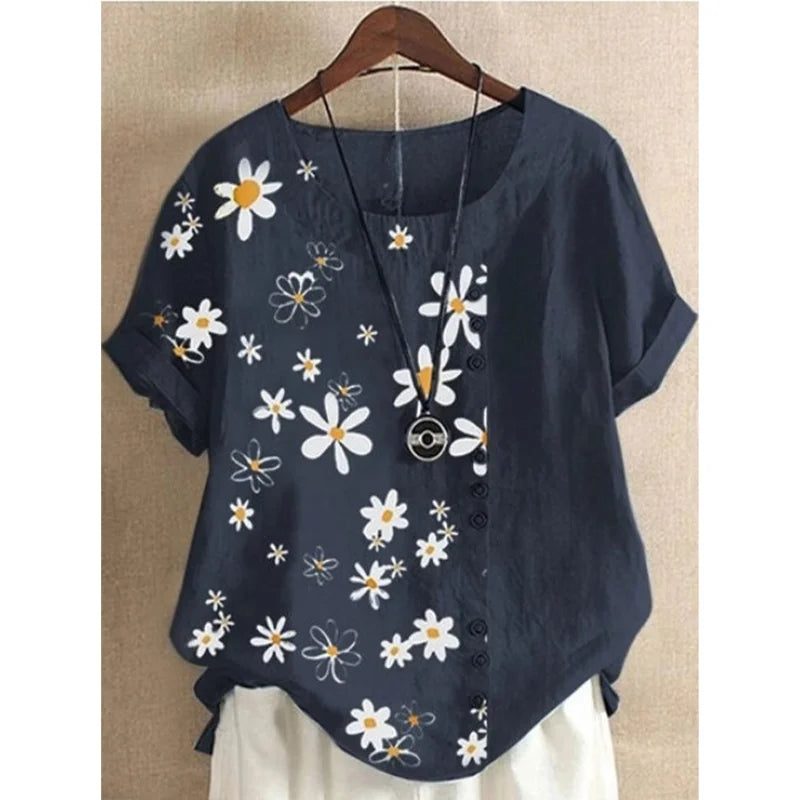 Plus Size DaisyPrint Cotton Linen Shirt Casual Summer